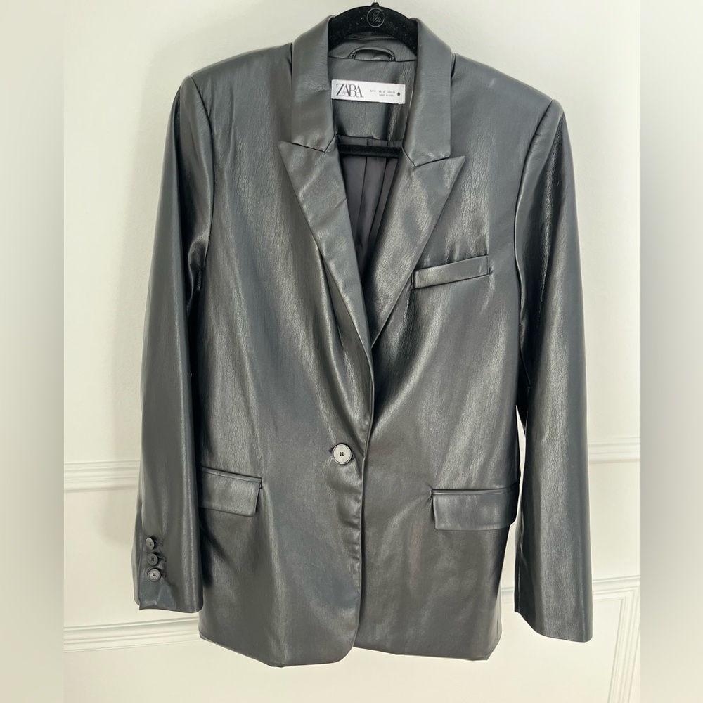 ZARA Black Faux Leather Single-Button Blazer